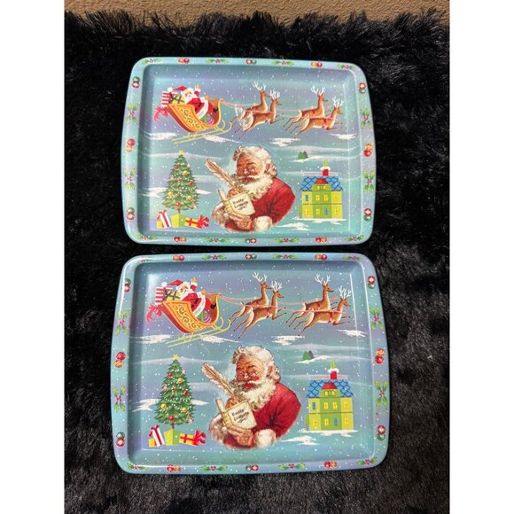 Vintage  Daher Santa Claus Christmas Trays Set Of 2 8"x6" Made In England - Picture 1 of 10